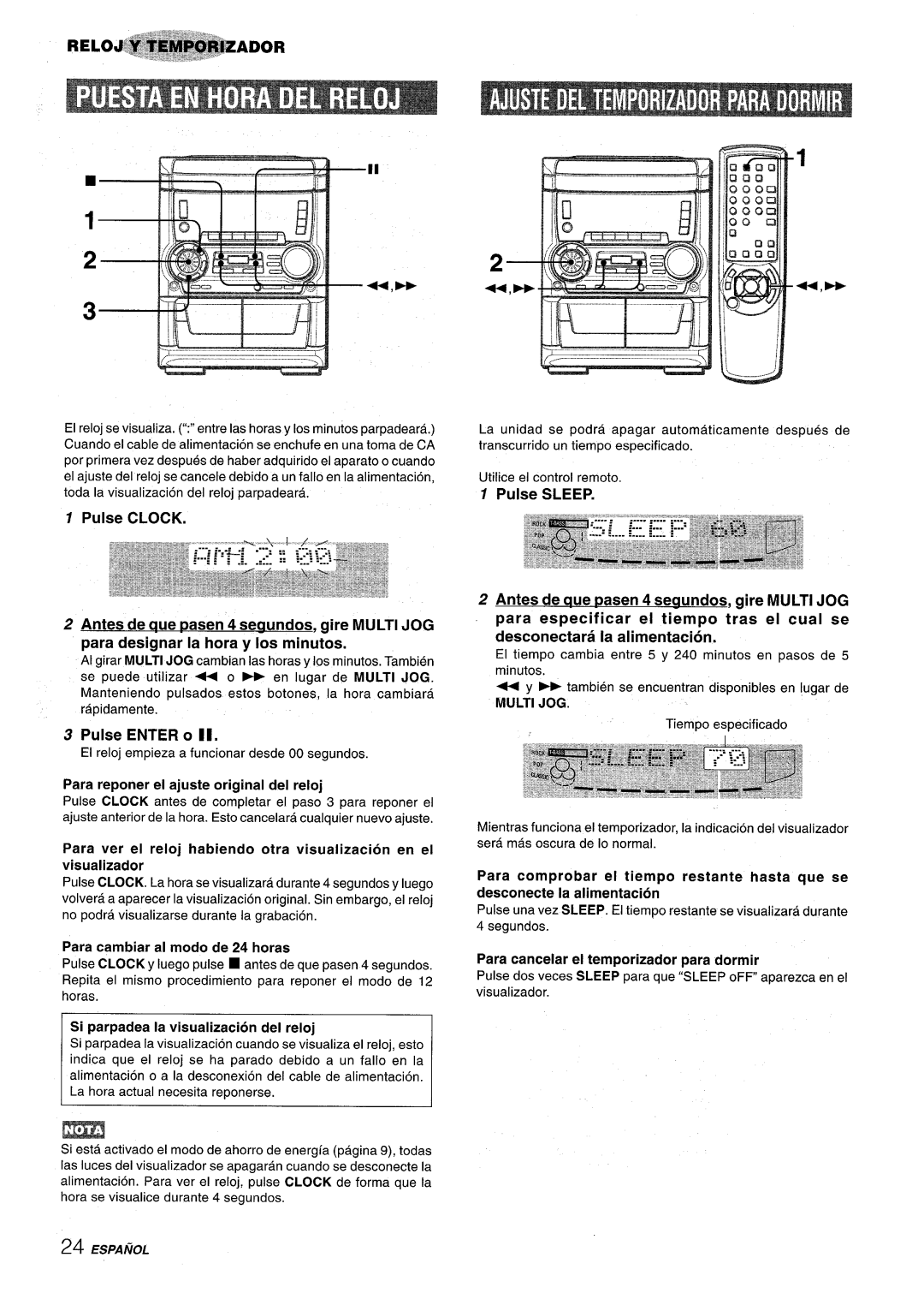 Aiwa SX-C605, SX-WNA555 manual Pulse Clock, Pulse Enter o Il, Para reponer el ajuste original del reloj, Multi JOG 