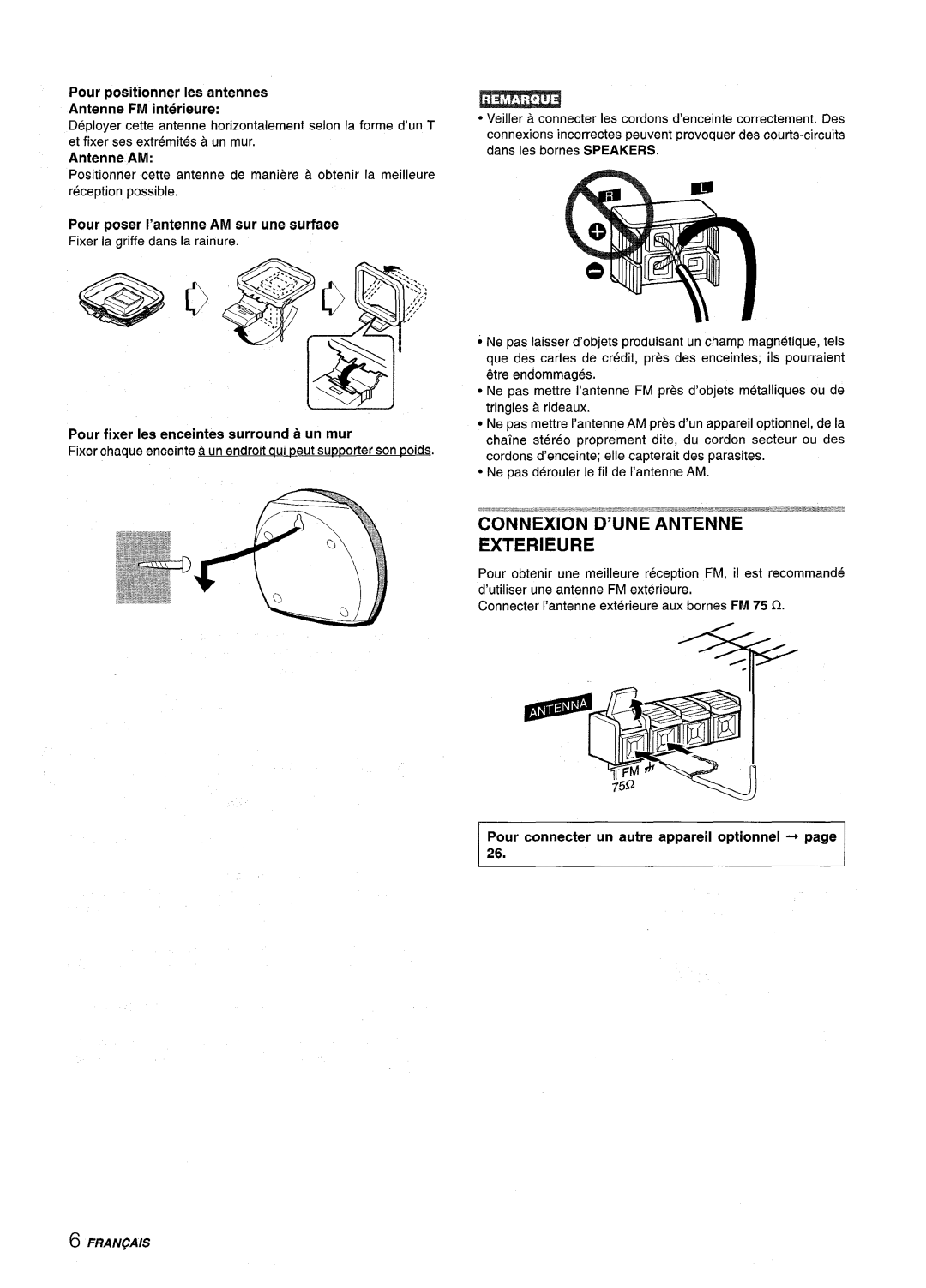 Aiwa SX-C605 manual Pour positioner Ies antennes Antenne FM interieure, Antenne AM, Pour poser I’antenne AM sur une surface 