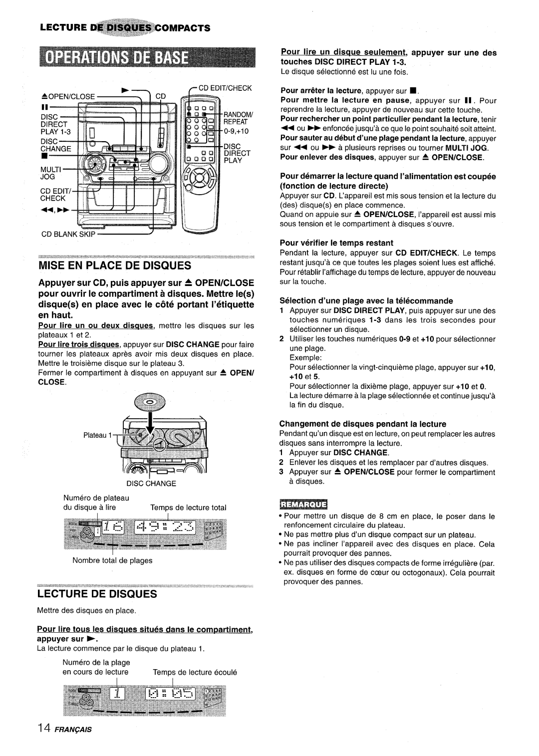 Aiwa SX-C605, SX-WNA555 manual Mise EN Place DE Disques, Pour Iire un ou deux disaues, mettre Ies disques sur Ies, Close 