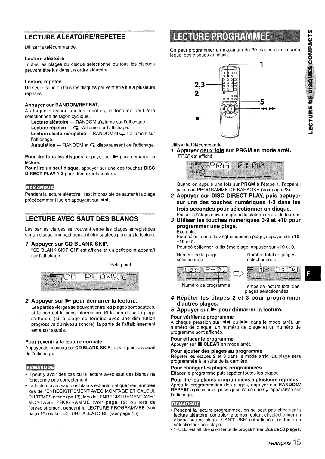 Aiwa SX-WNA555 manual Appuyer sur CD Blank Skip, Appuyer deux fois sur Prgm en mode arret, Plages, Pour Demarrer la lecture 