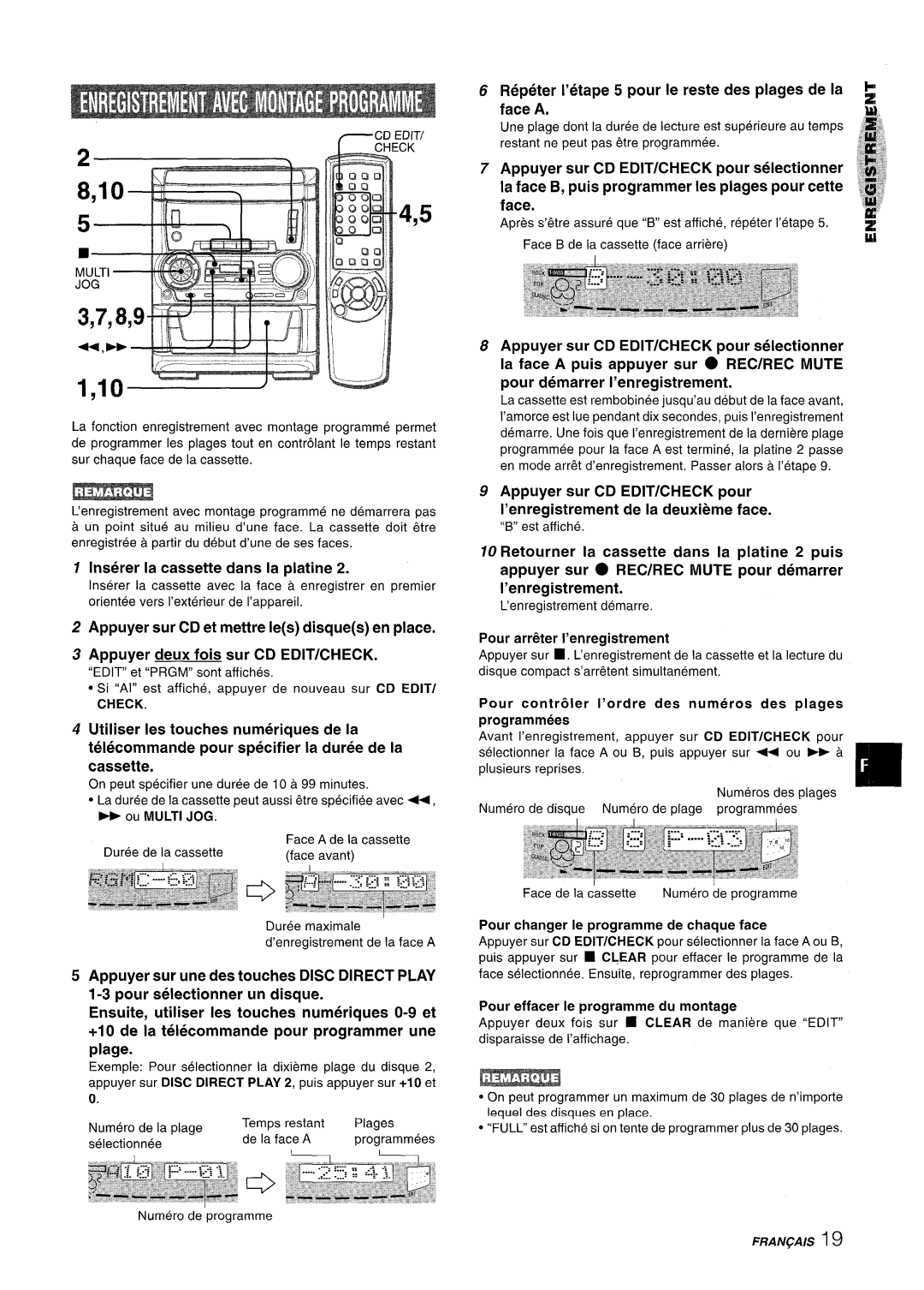 Aiwa SX-WNA555, SX-C605 manual Repeter I’etape 5 pour le reste des plages de la face a, Ou Multi JOG Duree de la cassette 