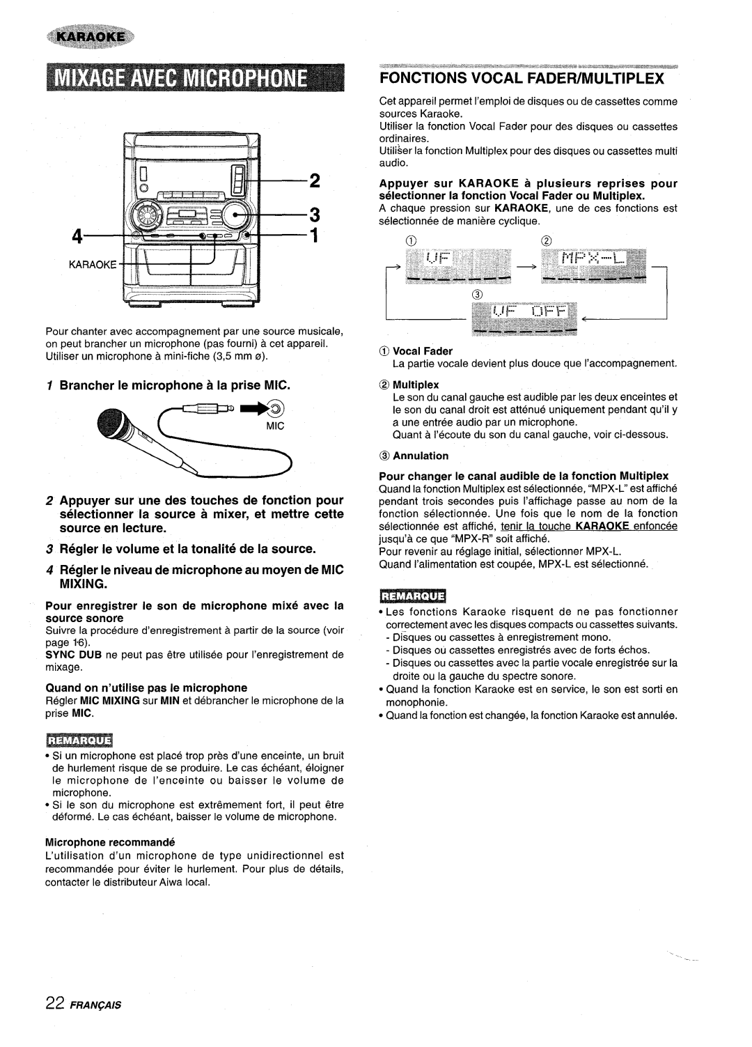 Aiwa SX-C605, SX-WNA555 Brancher Ie microphone ala prise MIC, Quand on n’utilise pas Ie microphone, Mic, Source sonore 