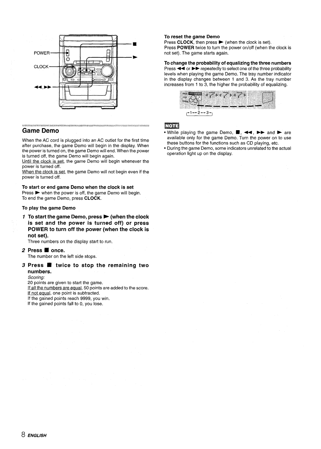 Aiwa SX-C605 manual To start the game Demo, press ~ when the clock, Power to turn off the power when the clock is not set 