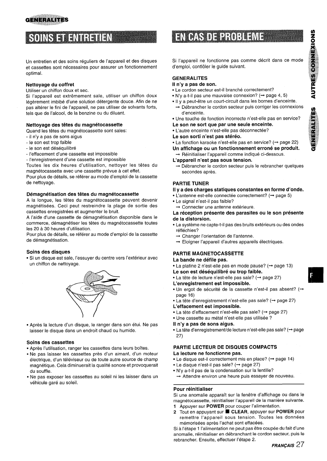 Aiwa SX-WNA555, SX-C605 manual Generalities, Partie Tuner, Partie Magnetocassette 