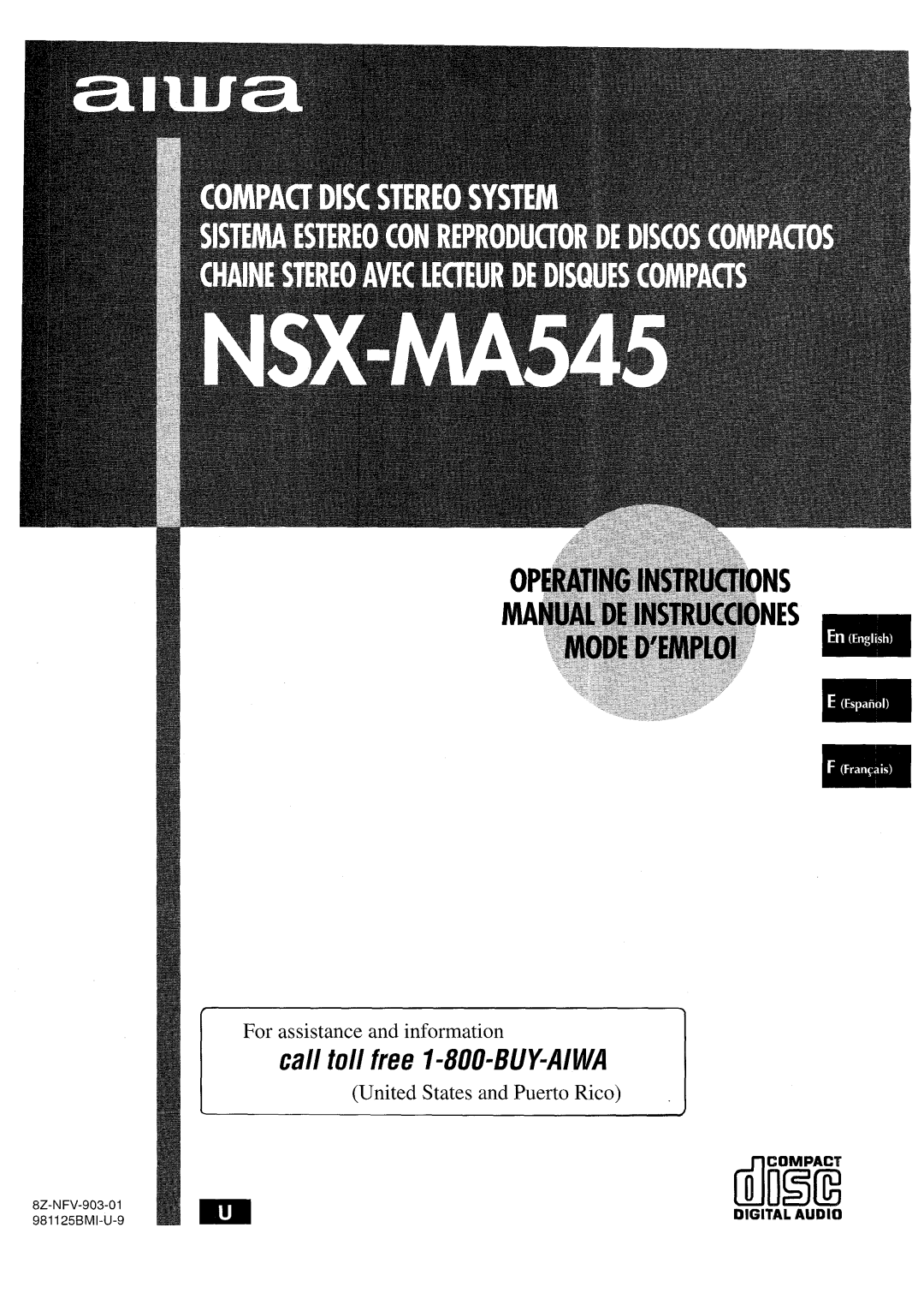 Aiwa SX-WNA555, SX-C605 manual For assistance and information, United States and Puerto Rico, Digital Audio, ilD’Bi 