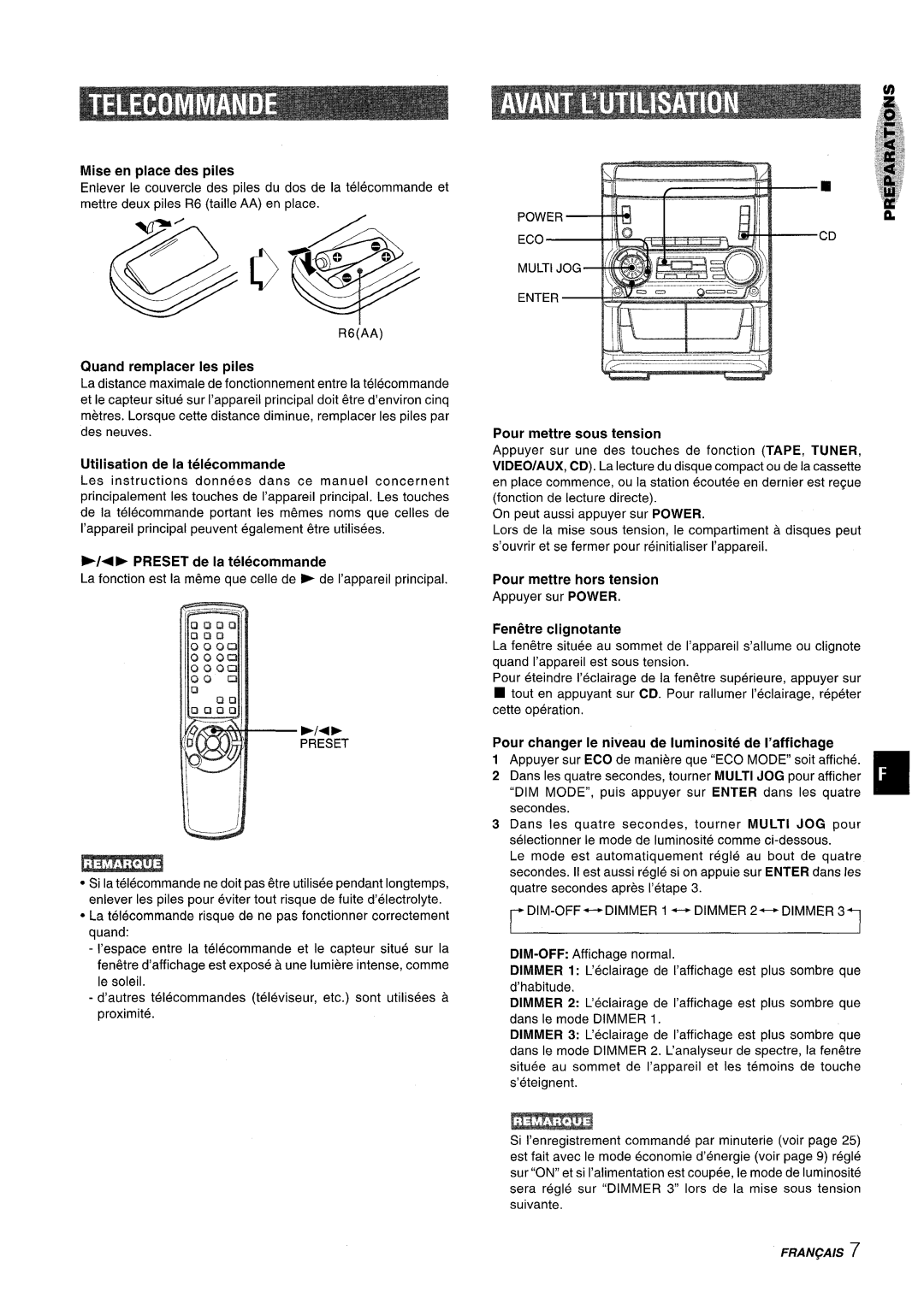 Aiwa SX-WNA555 Mise en place des piles, Quand remplacer Ies piles, Utilisation de la telecommande, FentXre clignotante 