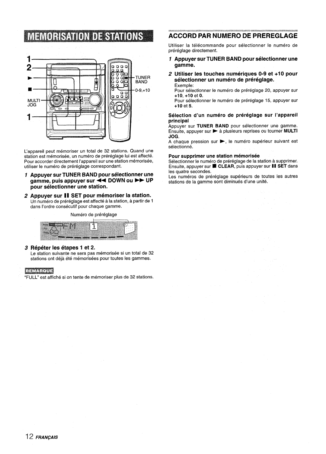 Aiwa SX-C605 manual Accord Par Numero De Prereglage, Appuyer sur TUNER BAND pour selectionner une, Repeter Ies etapes 1 et 