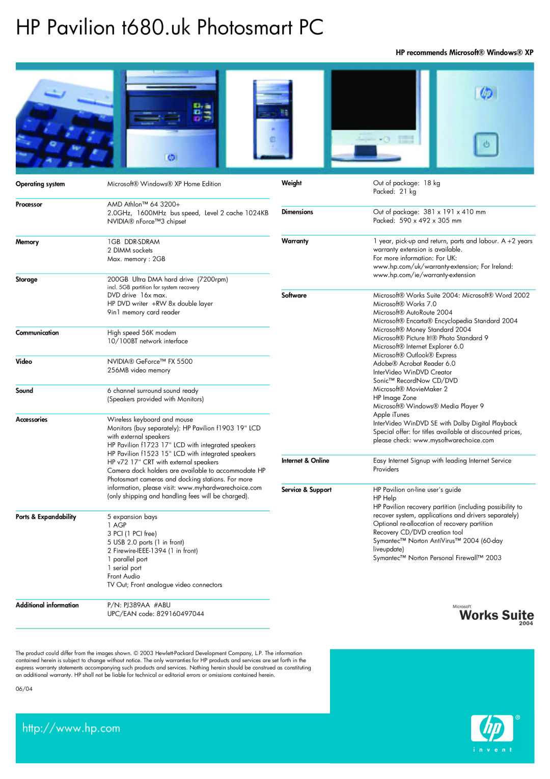 Aiwa T680.UK manual HP recommends Microsoft Windows XP, 1GB DDR-SDRAM, Agp, PJ389AA #ABU 