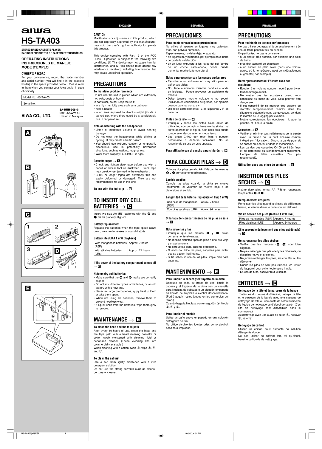 Aiwa TA403 operating instructions Precautions, Maintenance → E, Precauciones, Mantenimiento → E, Entretien → E 