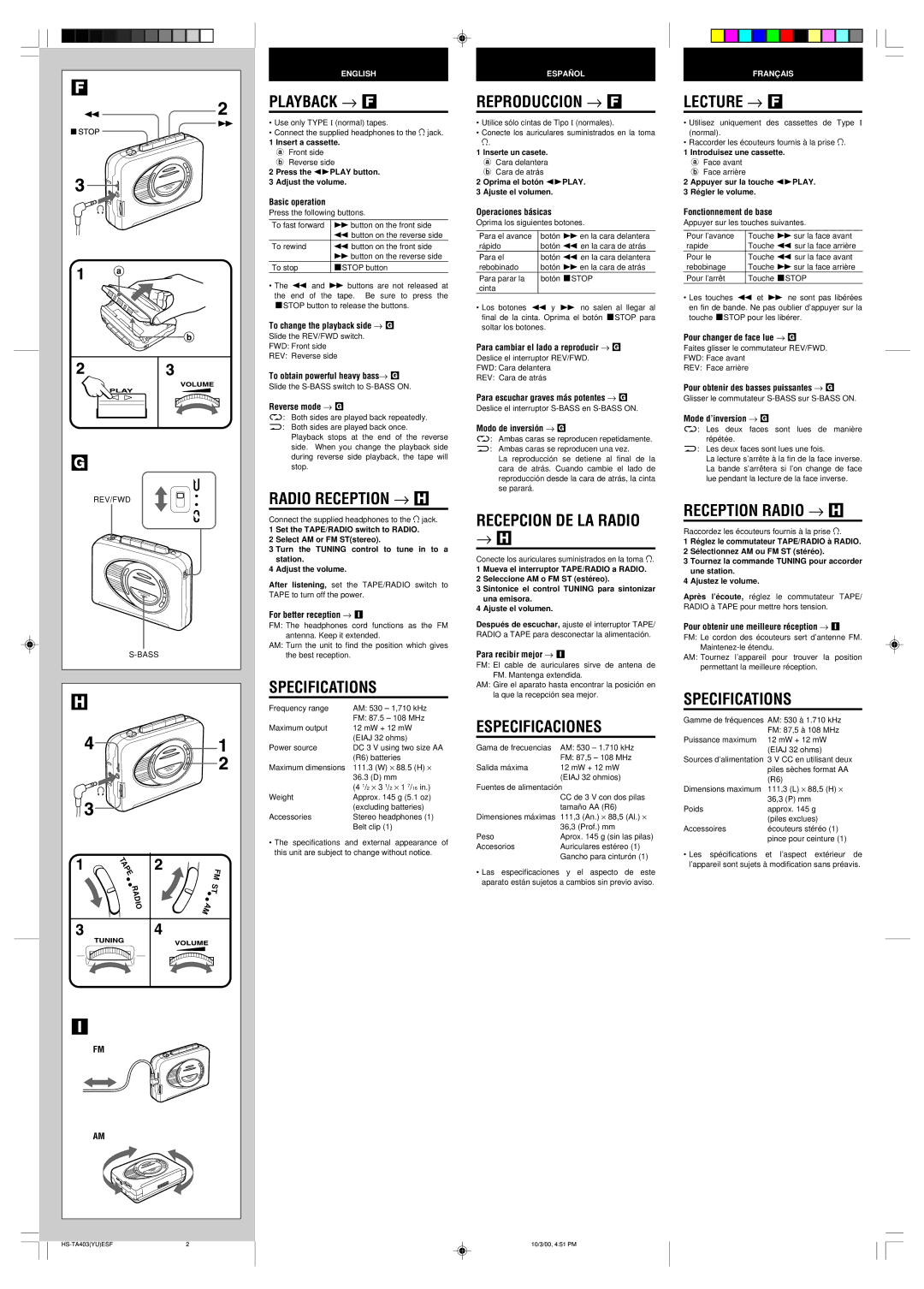 Aiwa TA403 Playback → F, Radio Reception → H, Specifications, Reproduccion → F, Recepcion DE LA Radio, Especificaciones 