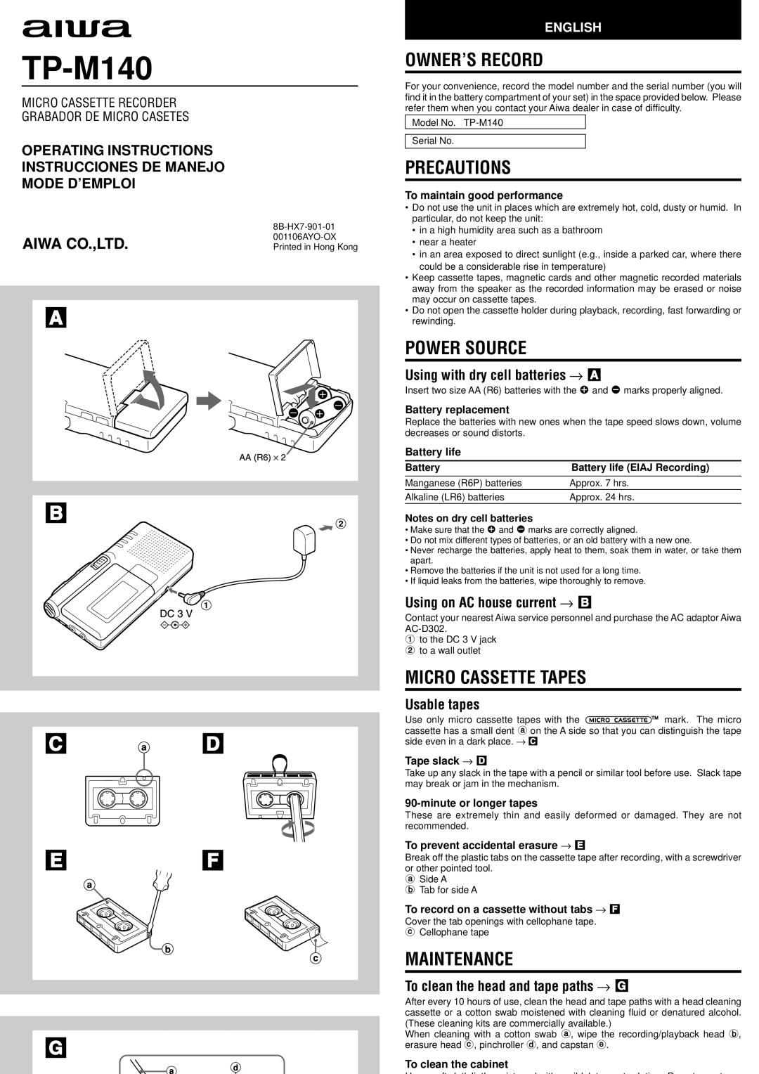 Aiwa TP-M140 operating instructions OWNER’S Record, Precautions, Power Source, Micro Cassette Tapes, Maintenance 