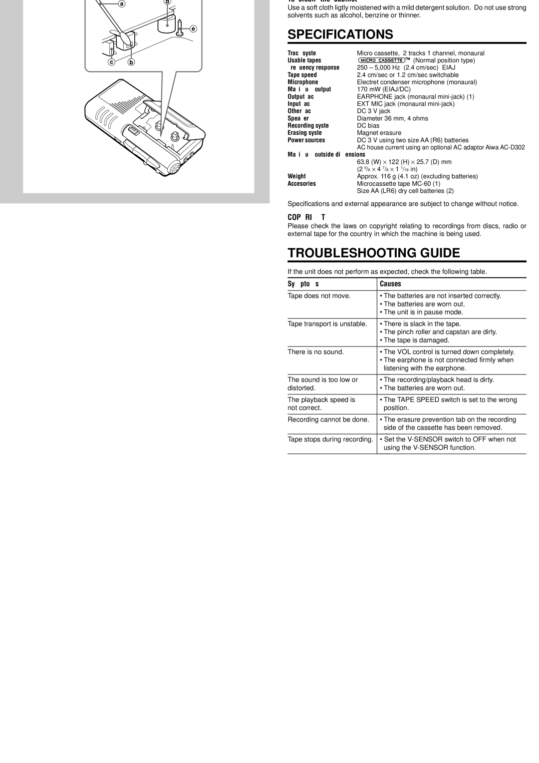 Aiwa TP-M140 operating instructions Specifications, Troubleshooting Guide, Symptoms Causes 