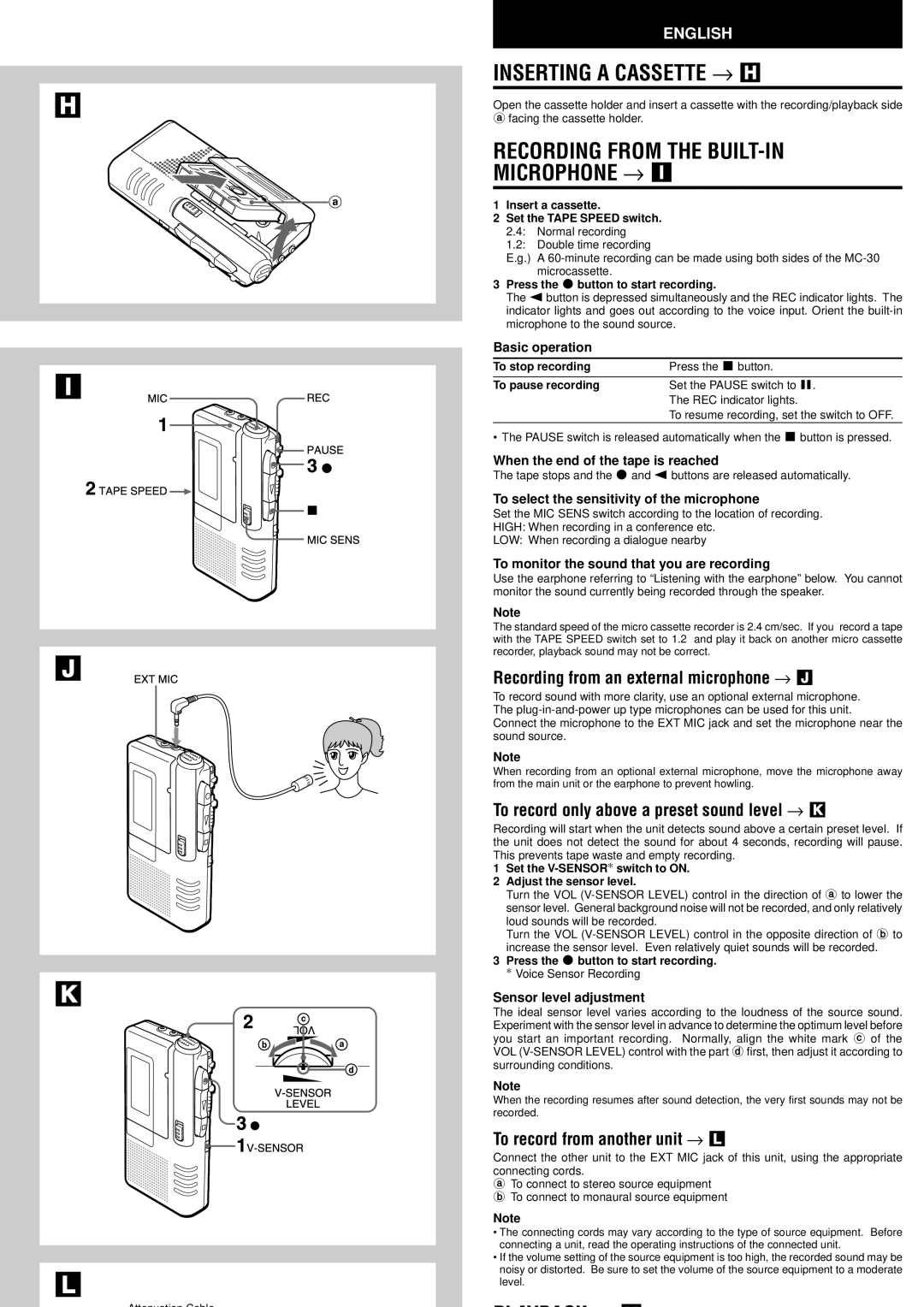 Aiwa TP-M140 Inserting a Cassette → H, Recording from the BUILT-IN Microphone →, Recording from an external microphone → J 