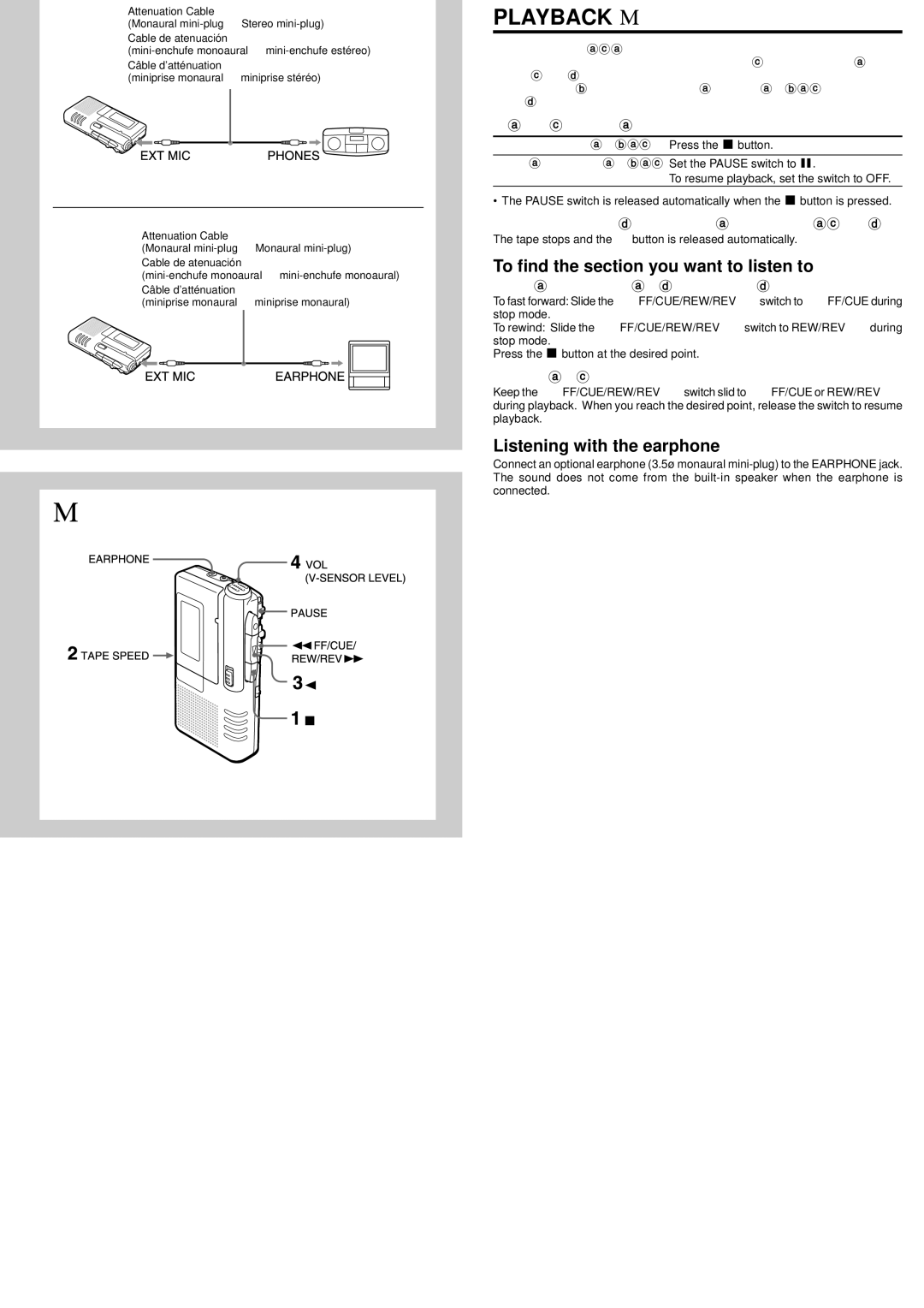 Aiwa TP-M140 Playback → M, To find the section you want to listen to, Listening with the earphone, To fast forward/rewind 