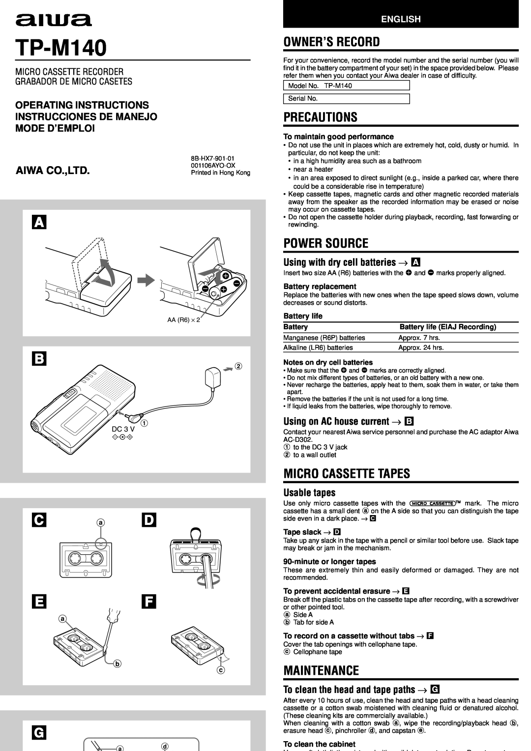 Aiwa TP-M140 operating instructions A B C D E F G, Owner’S Record, Precautions, Power Source, Micro Cassette Tapes 