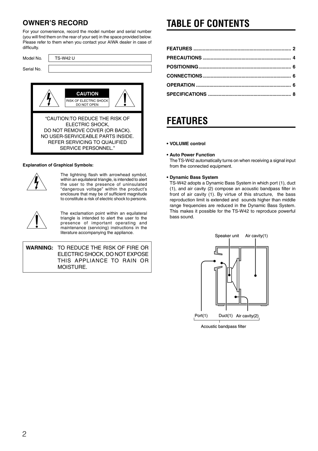 Aiwa TS-W42 U manual Table of Contents, Features, Explanation of Graphical Symbols, Volume control Auto Power Function 