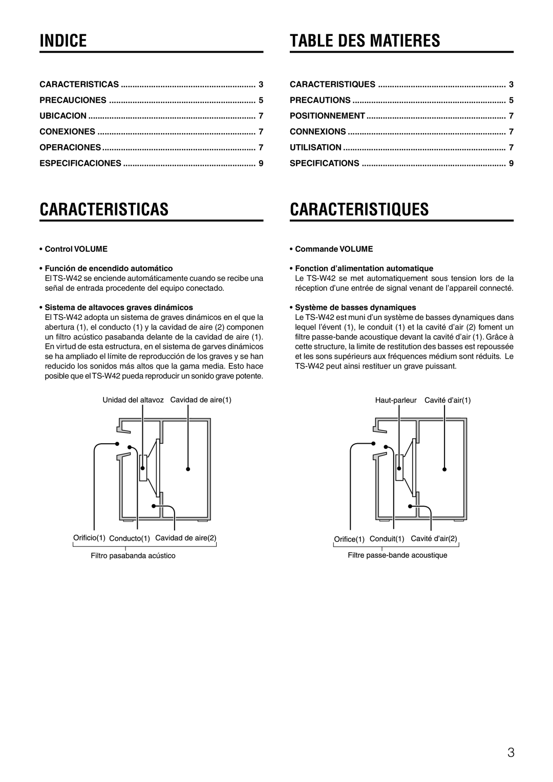 Aiwa TS-W42 U manual Indice Table DES Matieres, Caracteristicas, Caracteristiques 