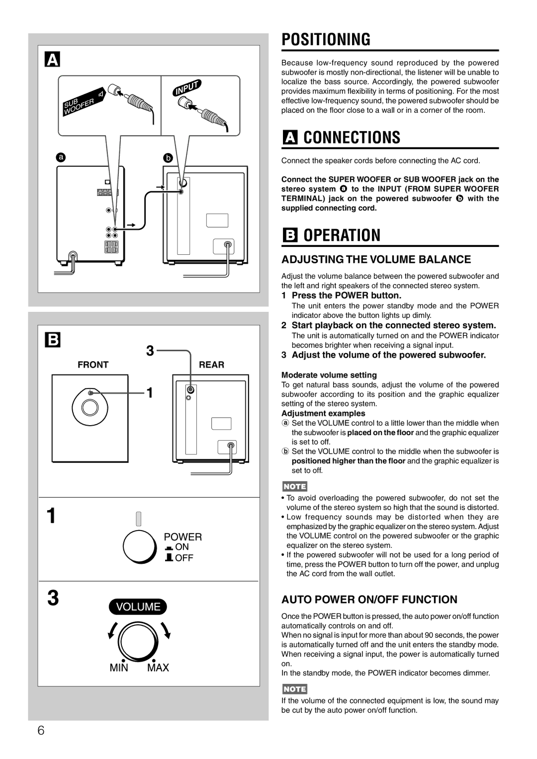 Aiwa TS-W42 U manual Positioning, Connections, Operation, Moderate volume setting, Adjustment examples 