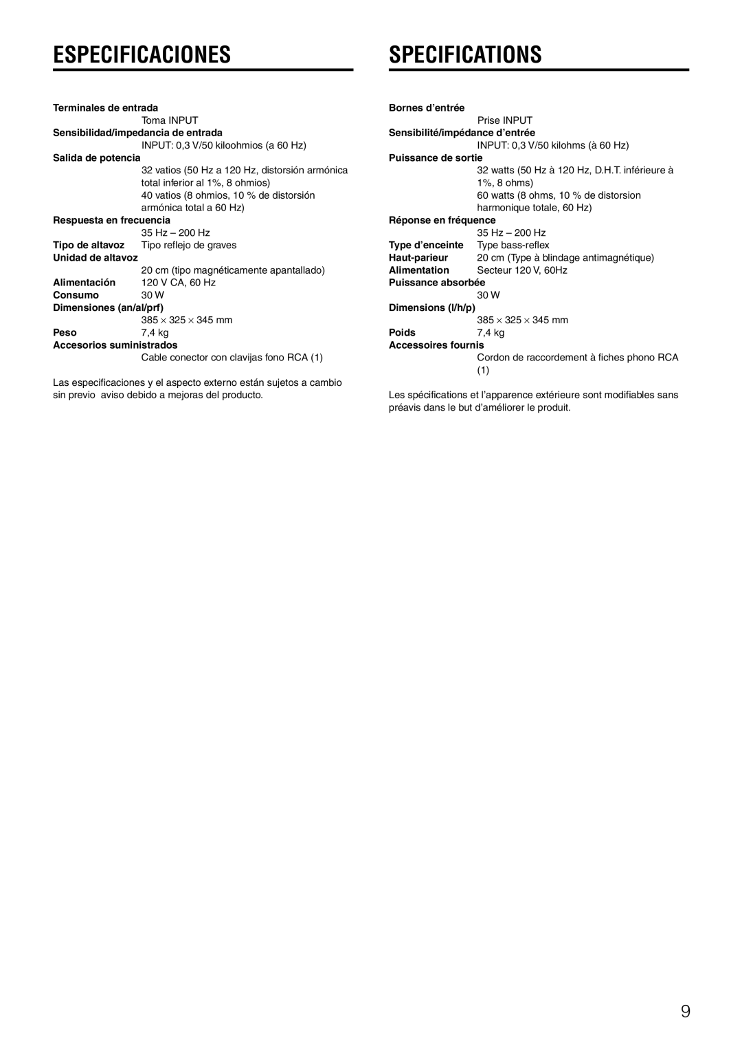 Aiwa TS-W42 U manual Especificacionesspecifications 