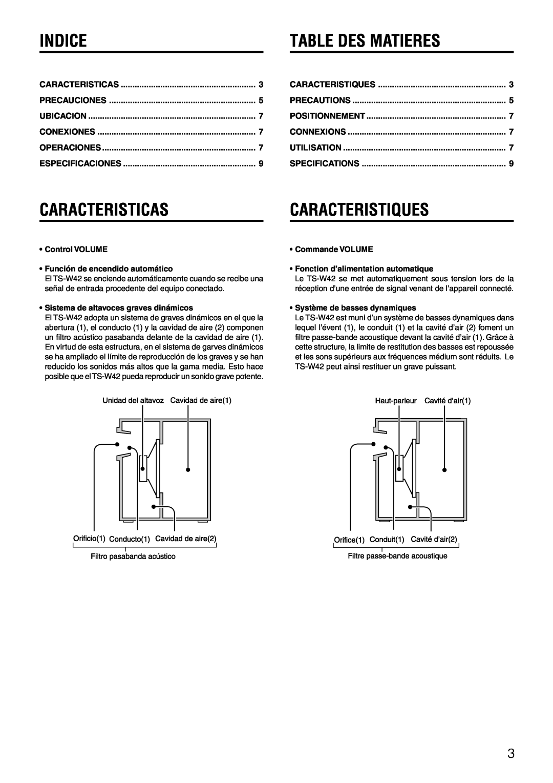 Aiwa TS-W42 U manual Indice, Table Des Matieres, Caracteristicas, Caracteristiques 