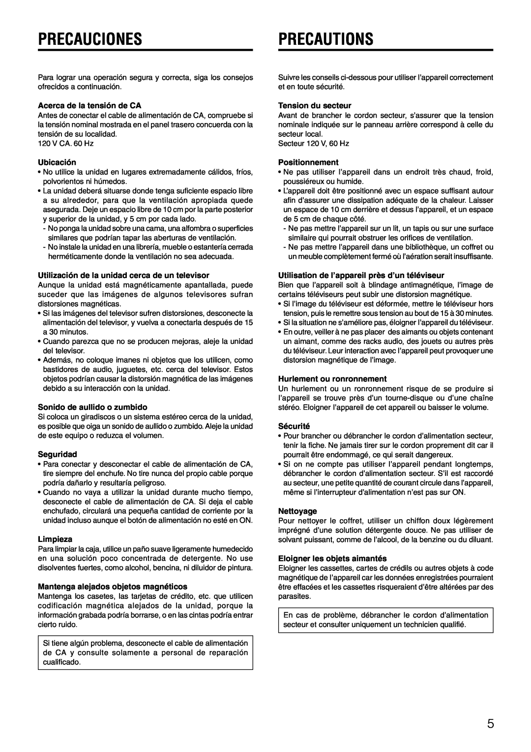 Aiwa TS-W42 U manual Precauciones, Precautions 