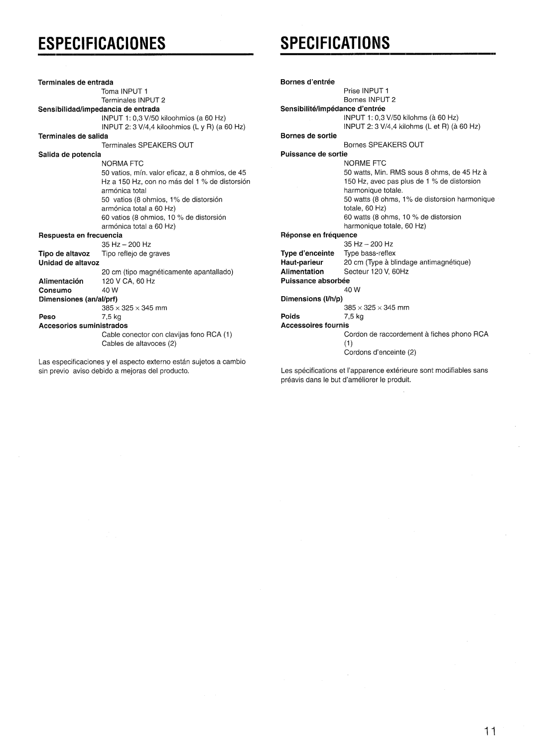 Aiwa TS-W45 manual Especificaciones, Specificationis 