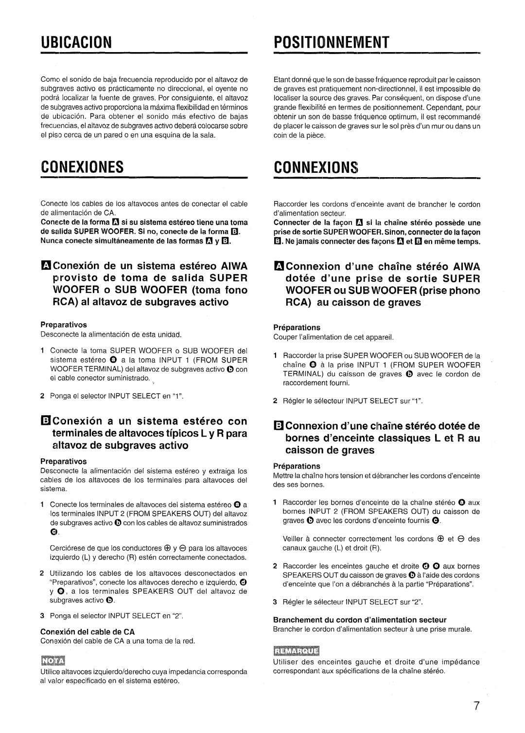 Aiwa TS-W45 manual Ijbicacionpositionneivient, Conexiones, Connexkins 