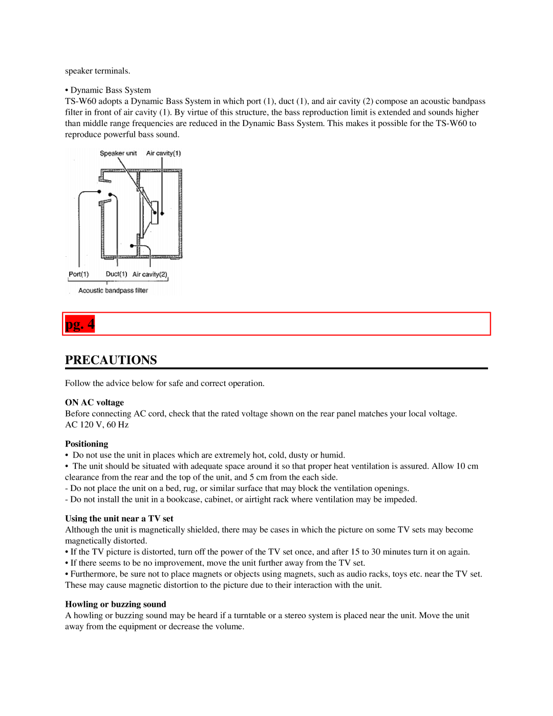 Aiwa TS-W60 specifications Precautions, On AC voltage, Positioning, Using the unit near a TV set, Howling or buzzing sound 