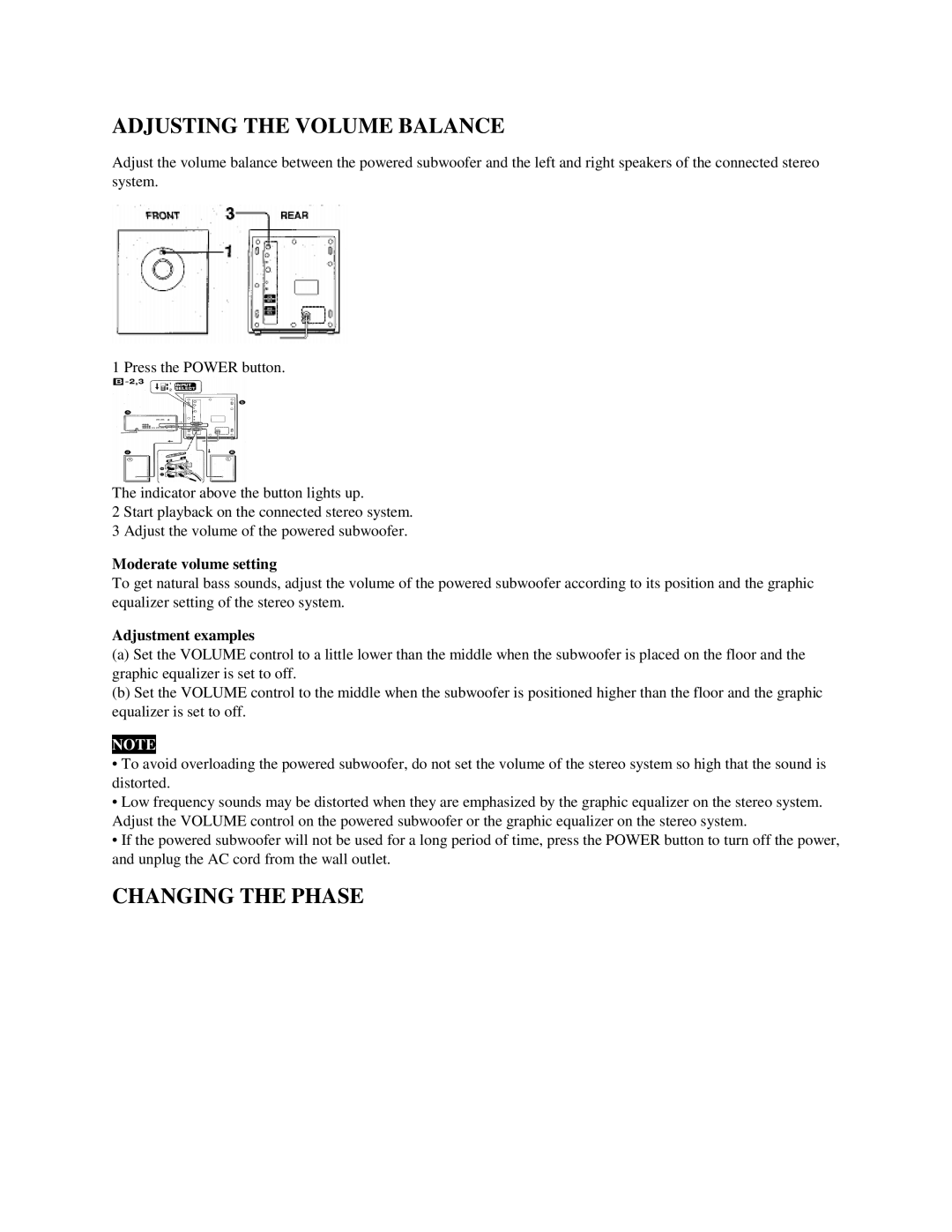 Aiwa TS-W60 specifications Adjusting the Volume Balance, Changing the Phase, Moderate volume setting, Adjustment examples 