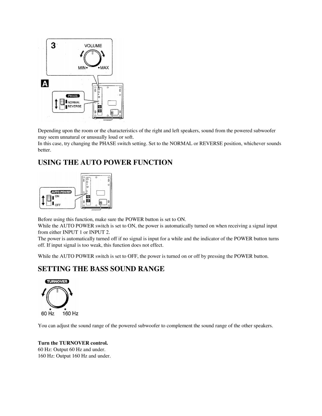 Aiwa TS-W60 specifications Using the Auto Power Function, Setting the Bass Sound Range, Turn the Turnover control 