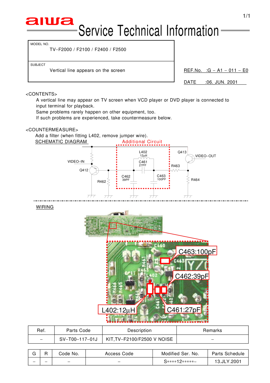 Aiwa TV 2002, TV 2102, TV 1402 manual C463100pF C46239pF 