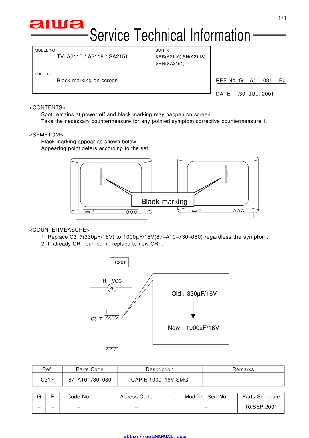 Aiwa TV 2002, TV 2102, TV 1402 manual Black marking, 16V SMG 