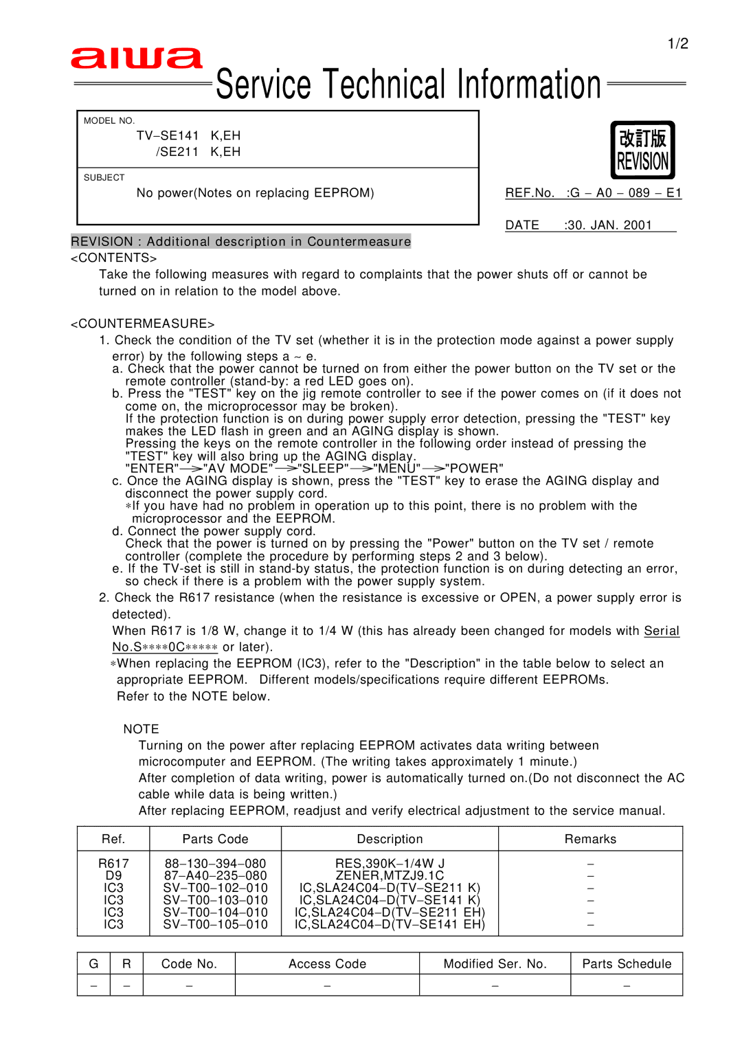 Aiwa TV 2002, TV 2102, TV 1402 manual Date, Enter AV Mode Sleep Menu Power, ZENER,MTZJ9.1C IC3 