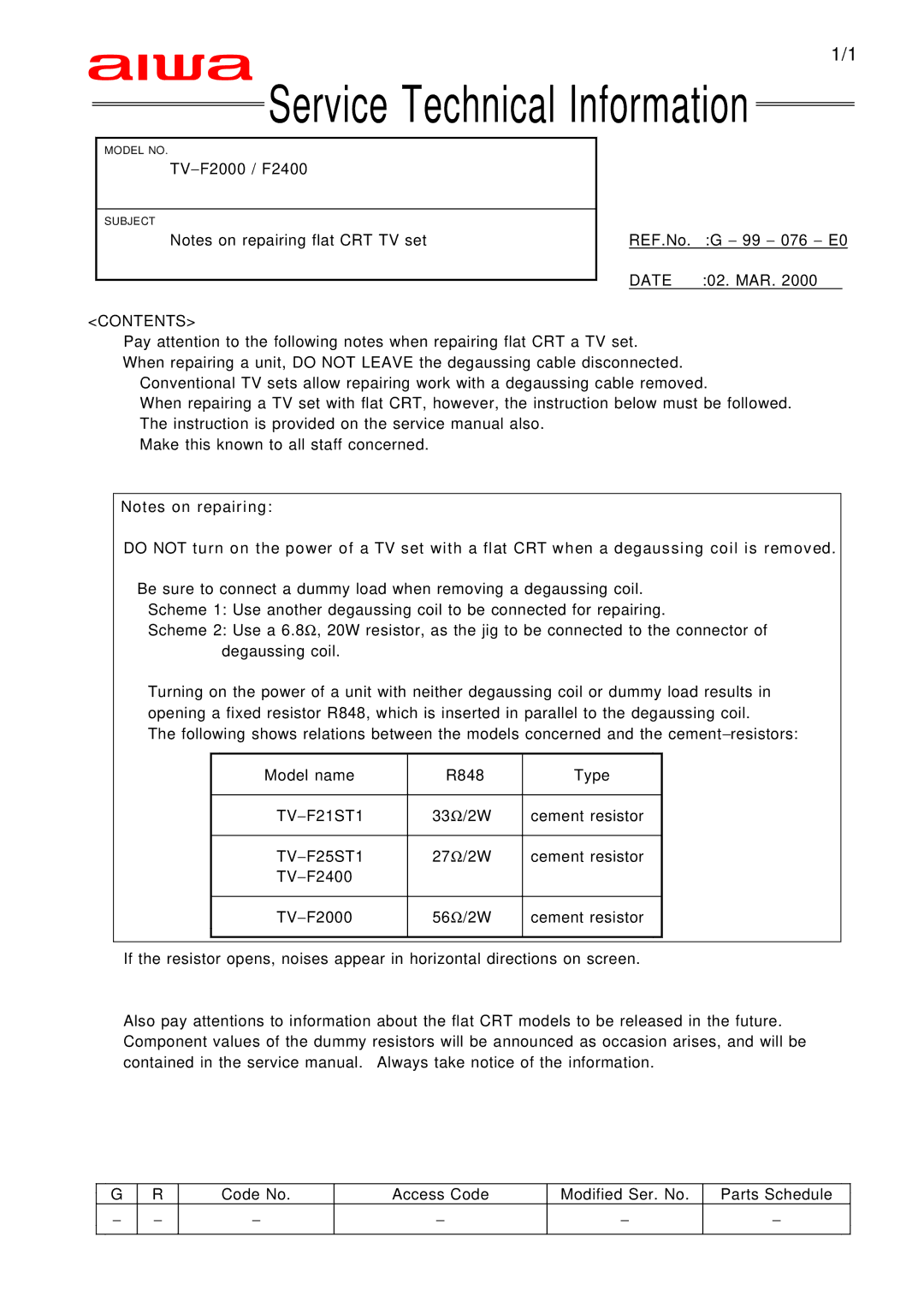 Aiwa TV 1402, TV 2002, TV 2102 manual Service Technical Information, Contents 