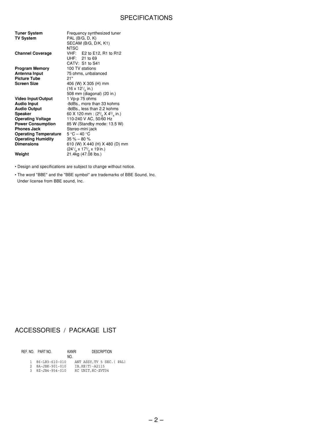 Aiwa TV-A2115 service manual Specifications, Accessories / Package List 