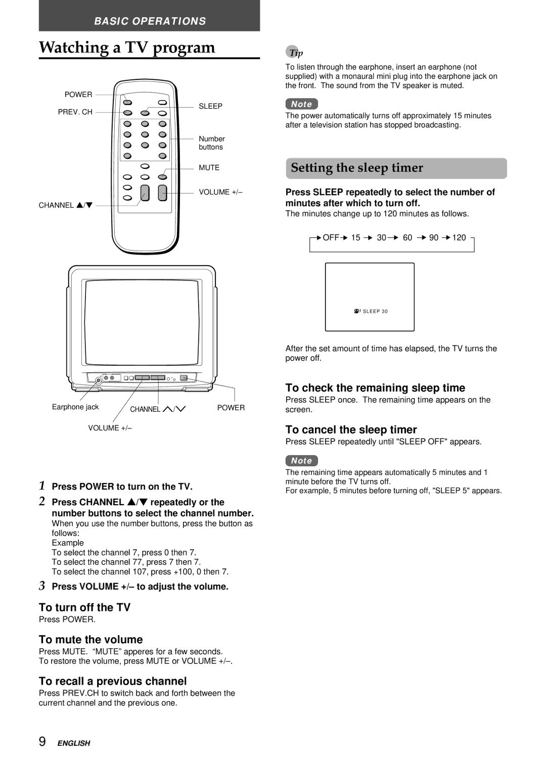 Aiwa TV-C1300U manual Watching a TV program, Setting the sleep timer 