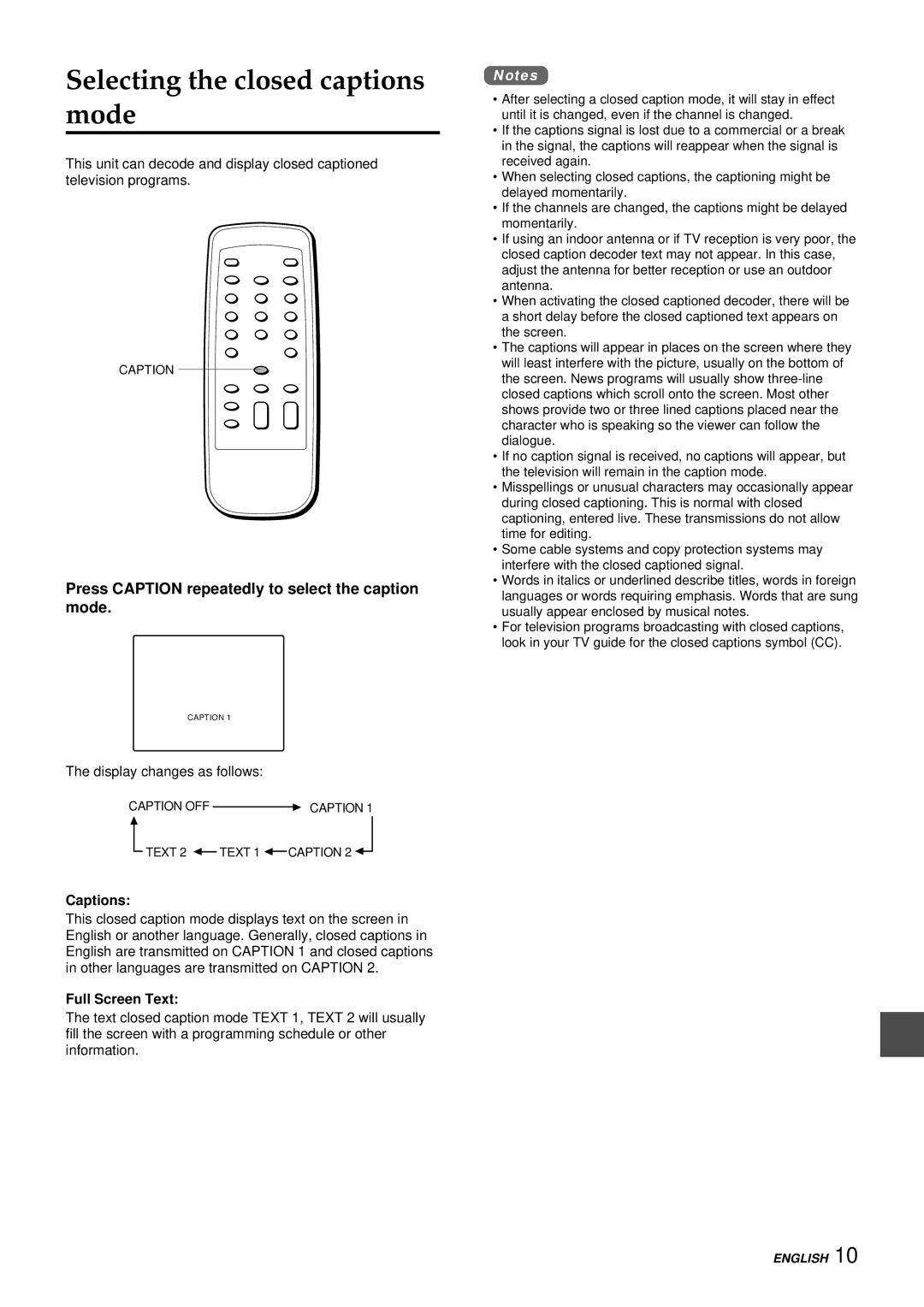 Aiwa TV-C1300U manual Selecting the closed captions mode, Press Caption repeatedly to select the caption mode, Captions 