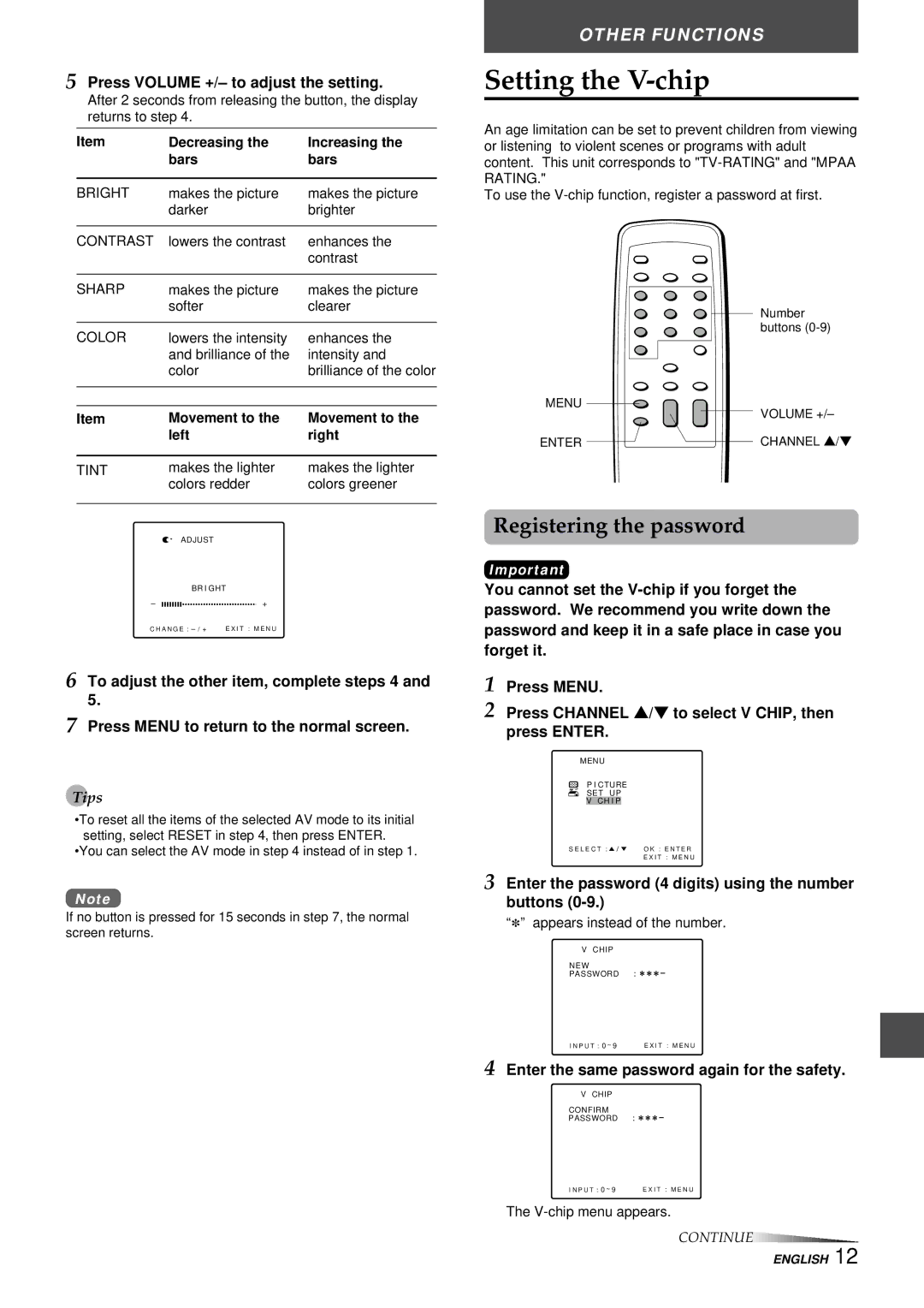 Aiwa TV-C1300U manual Setting the V-chip, Registering the password, Press Volume +/- to adjust the setting 