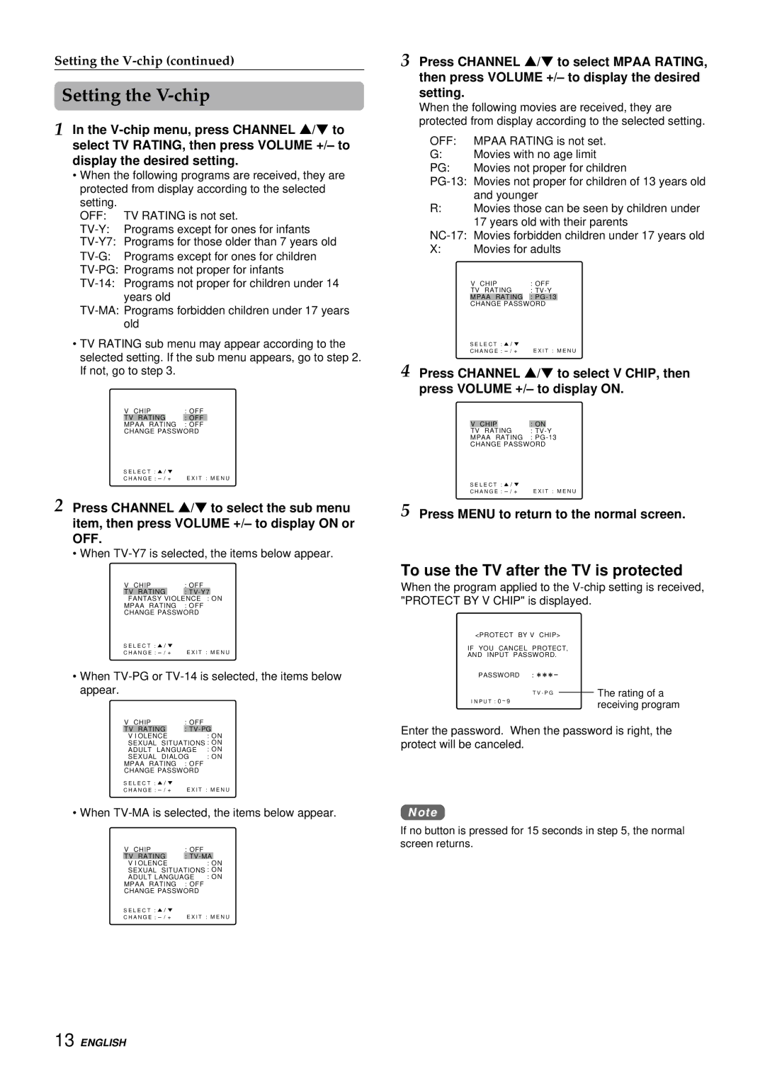 Aiwa TV-C1300U manual Setting the V-chip, To use the TV after the TV is protected 