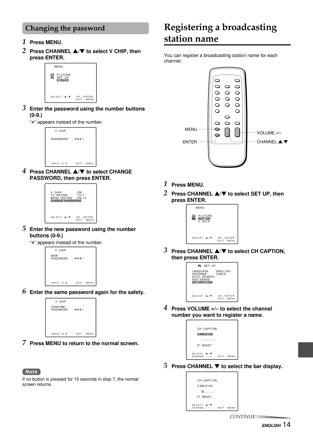 Aiwa TV-C1300U manual Registering a broadcasting station name, Changing the password 