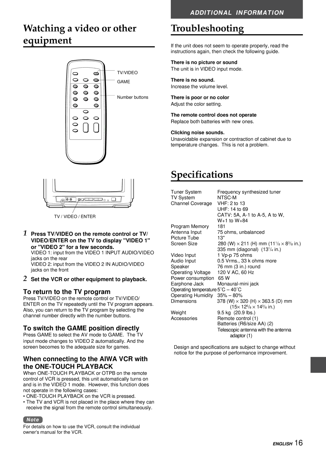 Aiwa TV-C1300U manual Watching a video or other equipment, Troubleshooting, Specifications 