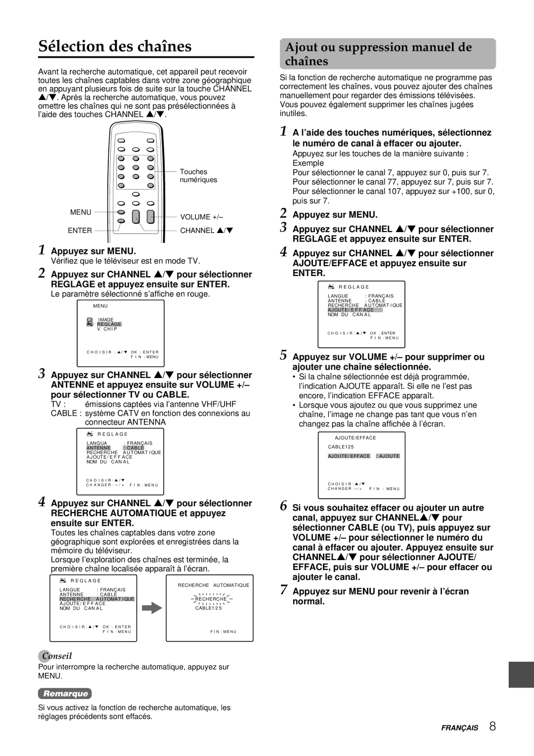 Aiwa TV-C1300U manual Sélection des chaînes, Ajout ou suppression manuel de chaînes, Reglage et appuyez ensuite sur Enter 