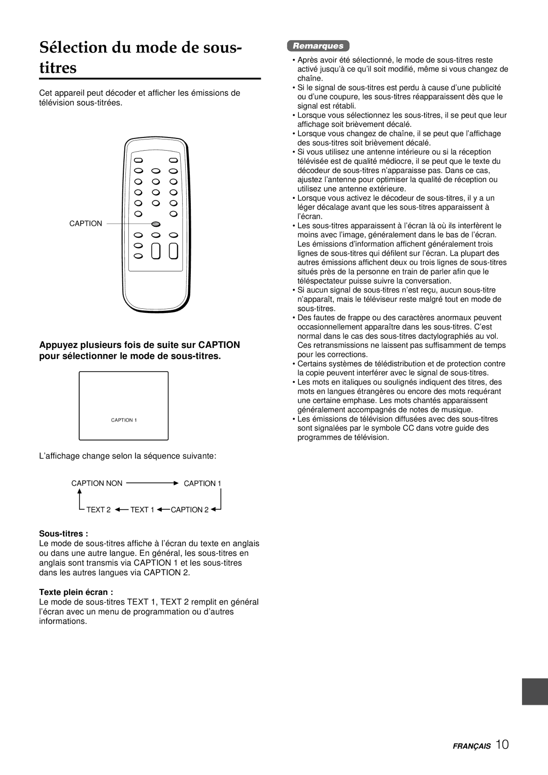 Aiwa TV-C1300U manual Sélection du mode de sous- titres, Sous-titres, Texte plein é cran 