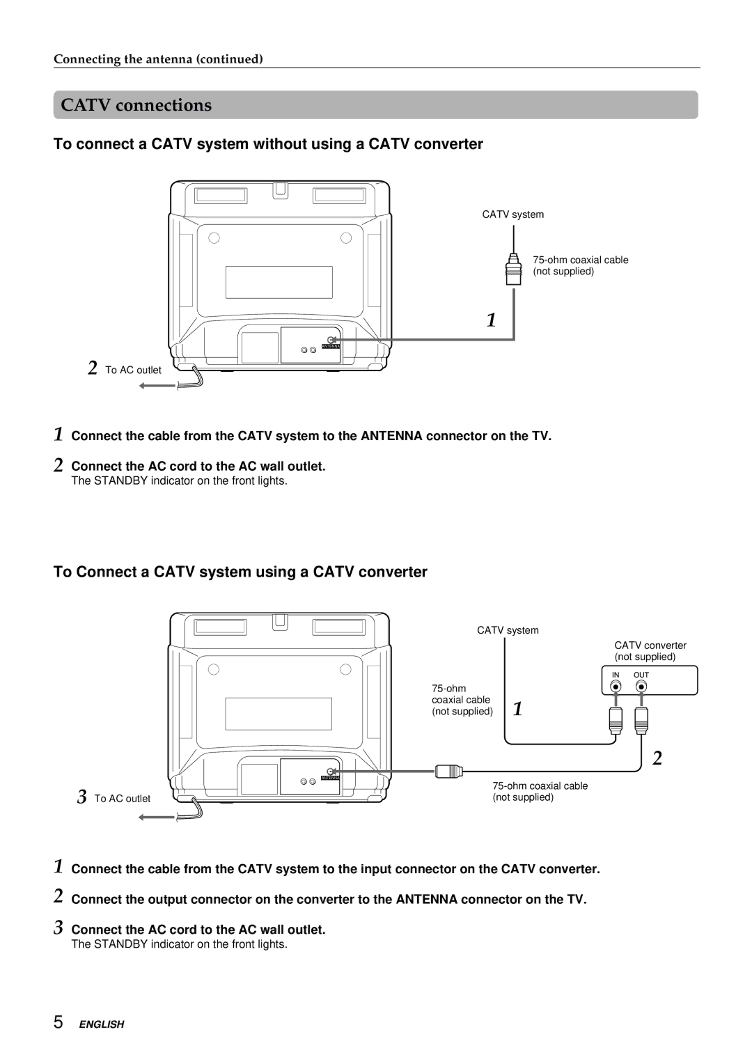 Aiwa TV-C1300U manual Catv connections, To connect a Catv system without using a Catv converter 