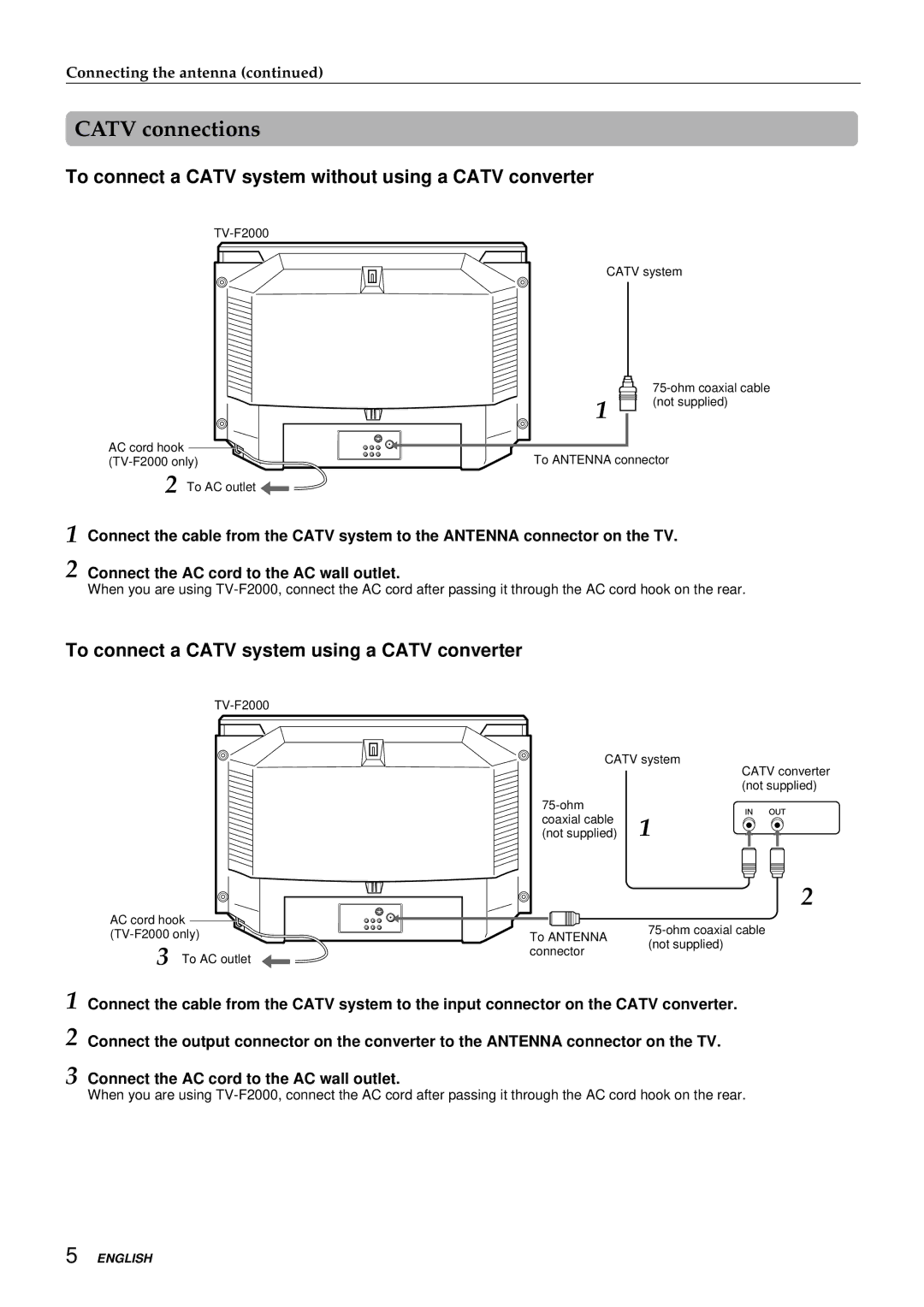 Aiwa TV-F2400u, TV-F2000u, TV-F2000u, TV-F2400u manual Catv connections, To connect a Catv system using a Catv converter 