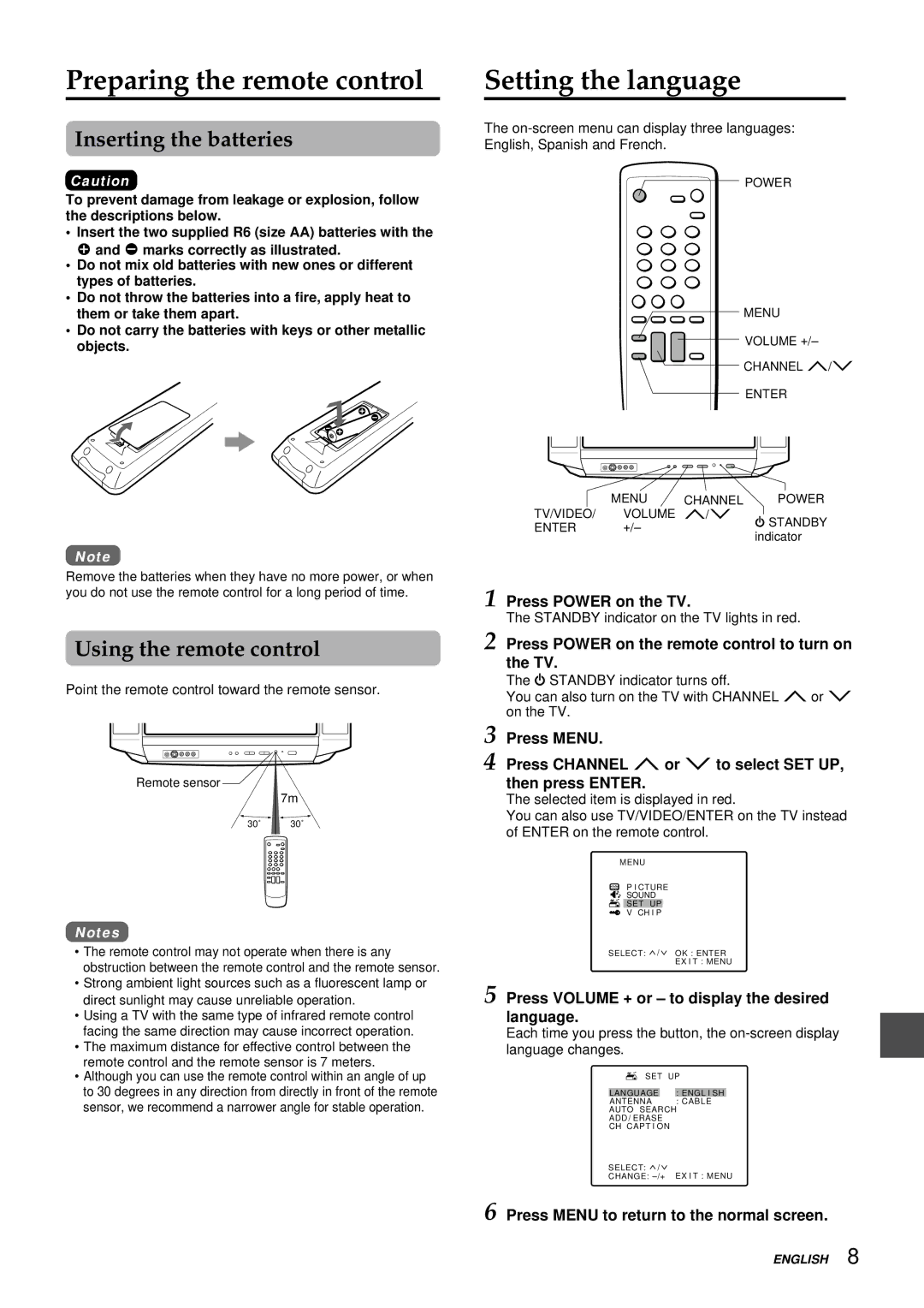 Aiwa TV-F2000u, TV-F2400u manual Preparing the remote control, Inserting the batteries, Using the remote control 