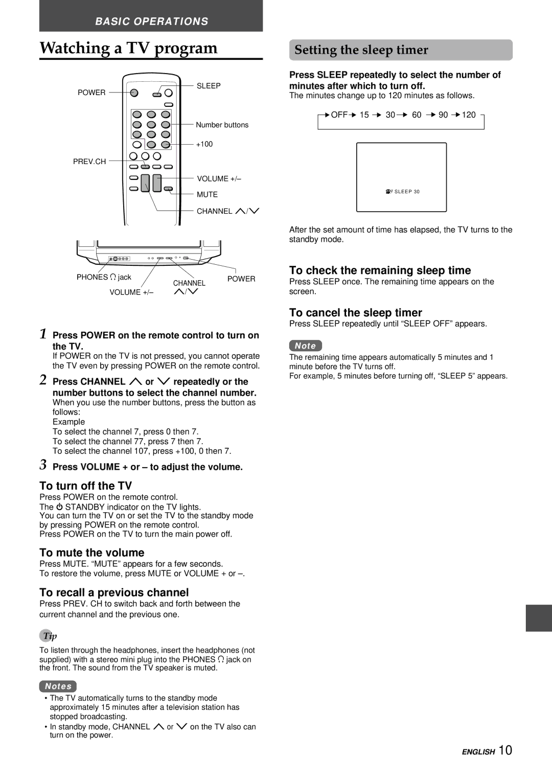 Aiwa TV-F2000u, TV-F2400u, TV-F2400u, TV-F2000u manual Watching a TV program, Setting the sleep timer 