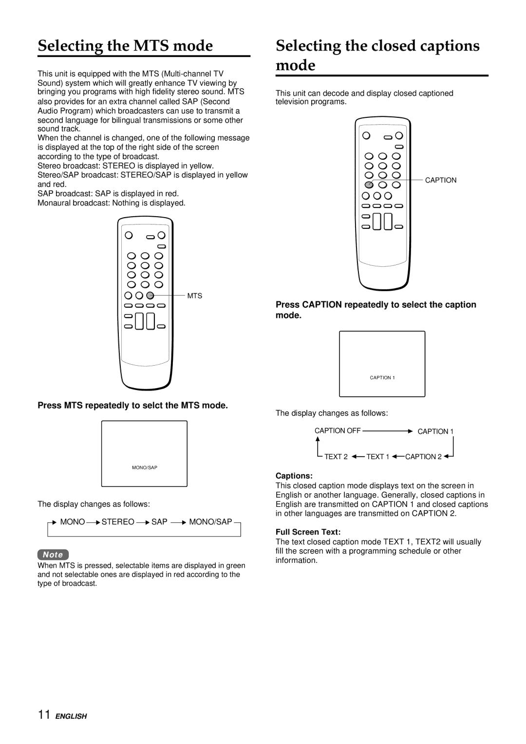 Aiwa TV-F2400u, TV-F2000u, TV-F2000u, TV-F2400u manual Selecting the MTS mode, Selecting the closed captions mode 