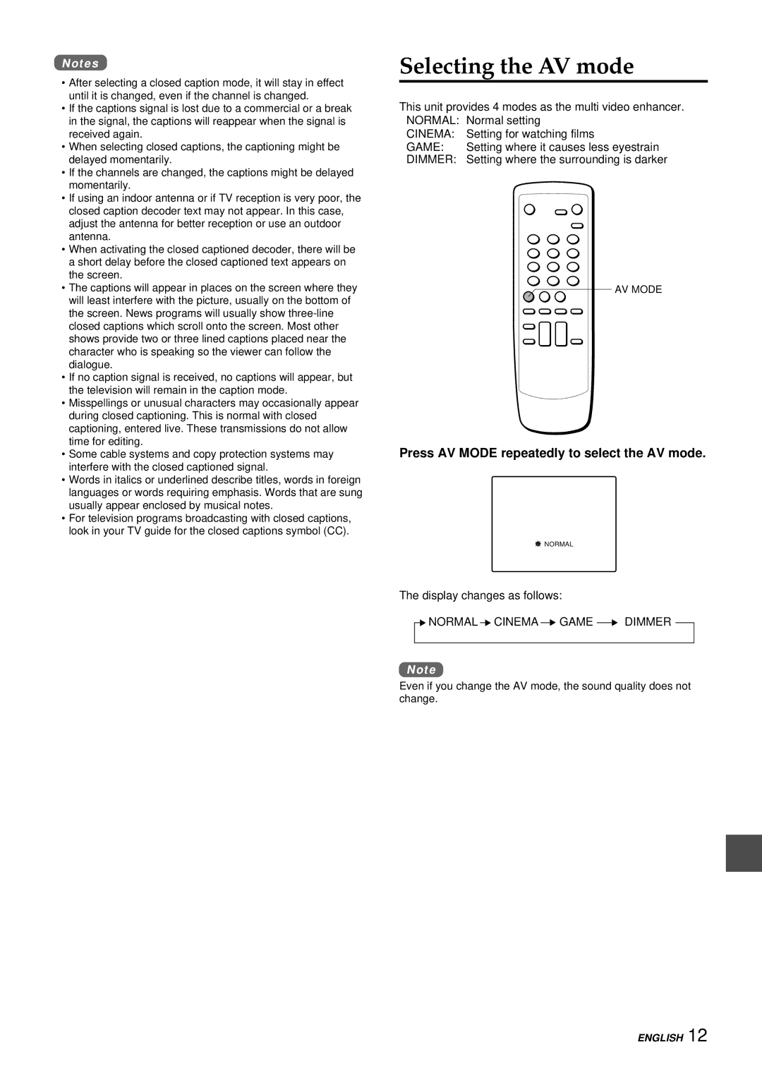 Aiwa TV-F2000u, TV-F2400u, TV-F2400u, TV-F2000u manual Selecting the AV mode, Press AV Mode repeatedly to select the AV mode 