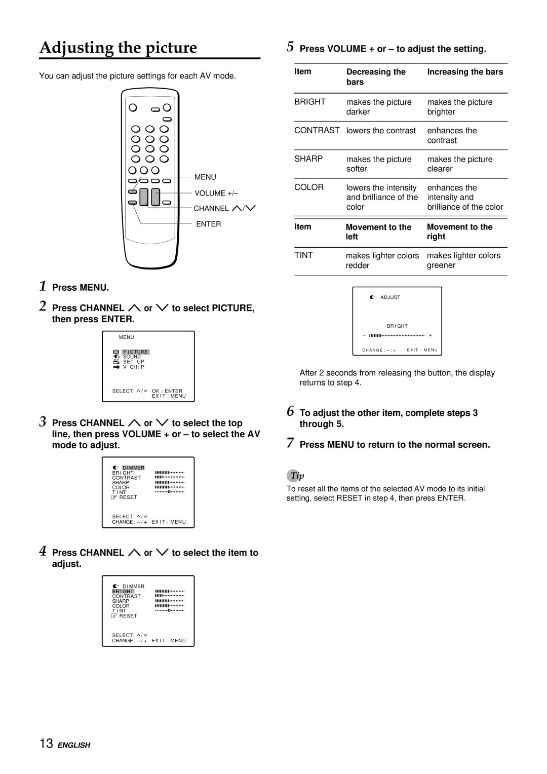 Aiwa TV-F2400u, TV-F2000u, TV-F2000u, TV-F2400u Adjusting the picture, Press Channel Nor M to select the item to adjust 